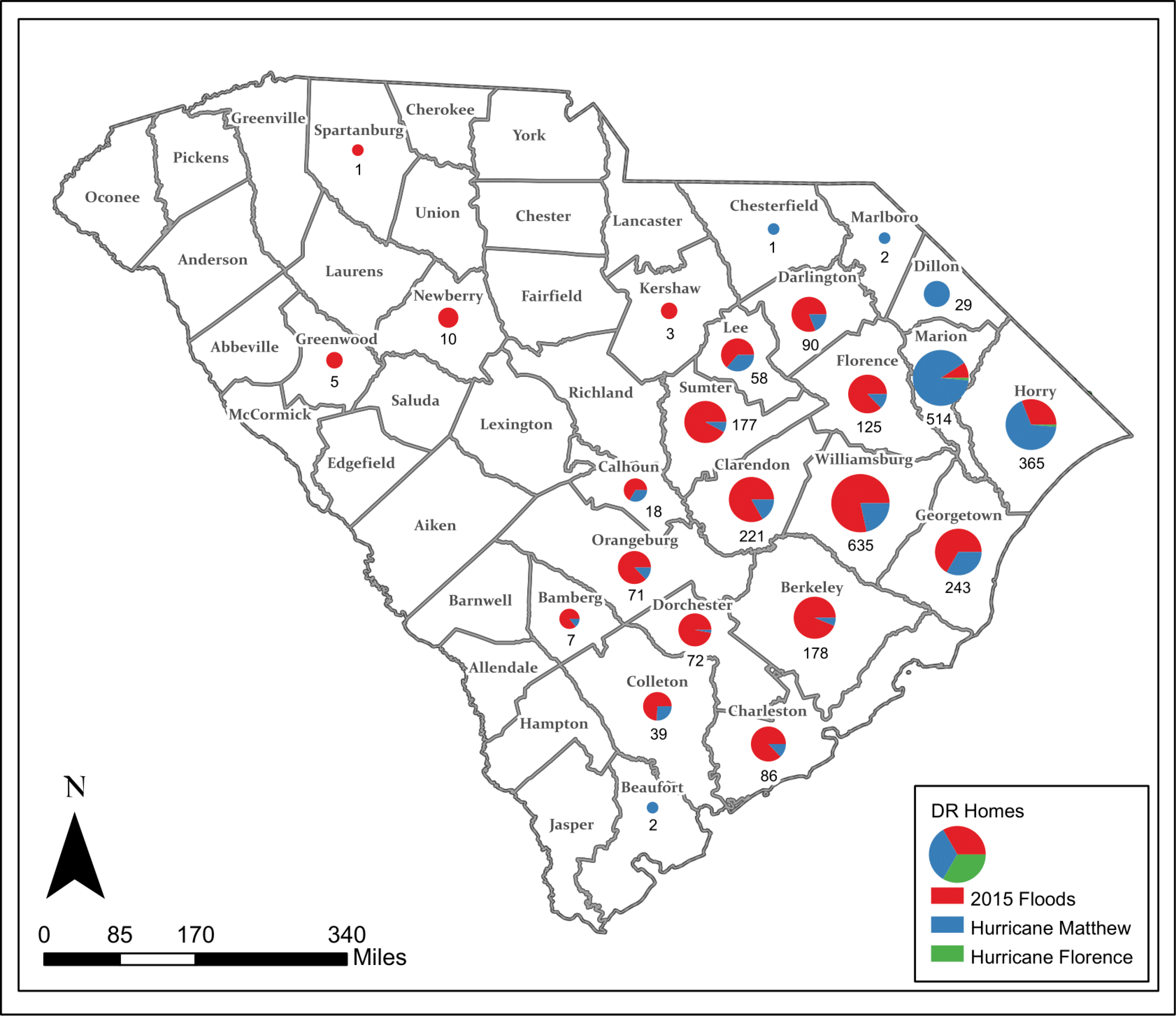 Map of South Carolina containing pie charts for counties served by disaster recovery program