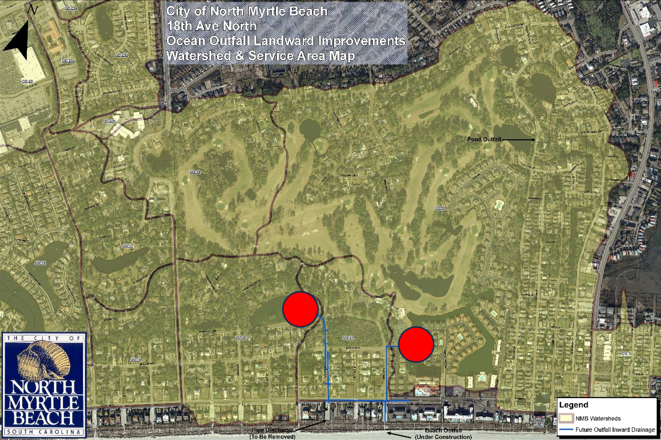 Map showing the proposed connections from two retention ponds to an ocean outfall. Proposed connections run along 18th and 16th avenues north. 