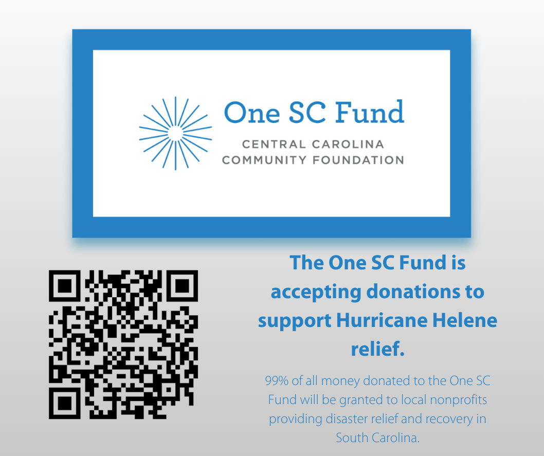 Graphic stating "the one sc fund is accepting donations to support Hurricane Helene relief."