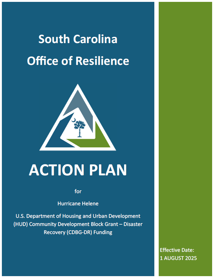 Green and Blue Report Cover Titled "South Carolina Office of Resilience Action Plan for Hurricane Helene."
