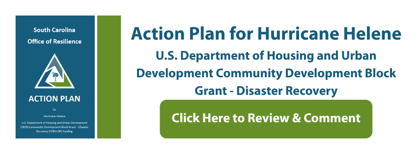 Action Plan cover next to text "Action Plan for Hurricane Helene, US Department of Housing and Urban Development Community Development Block Grant - Disaster Recovery". Clicking this image links users to a webpage where the Action Plan is located.