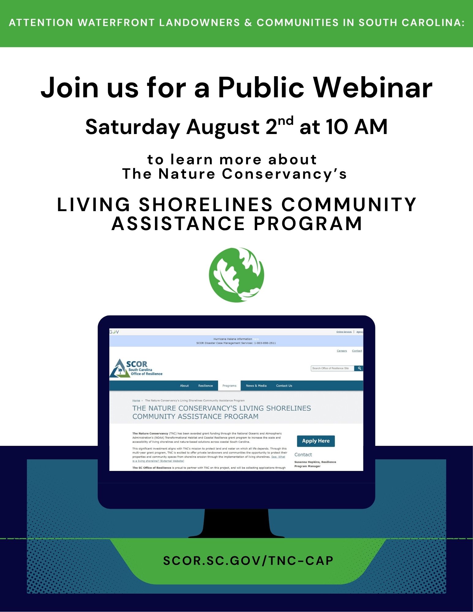 Flyer announcing a public webinar on August 2nd at 10am to learn about the nature conservancy's living shorelines community assistance program. register by following the link below this image