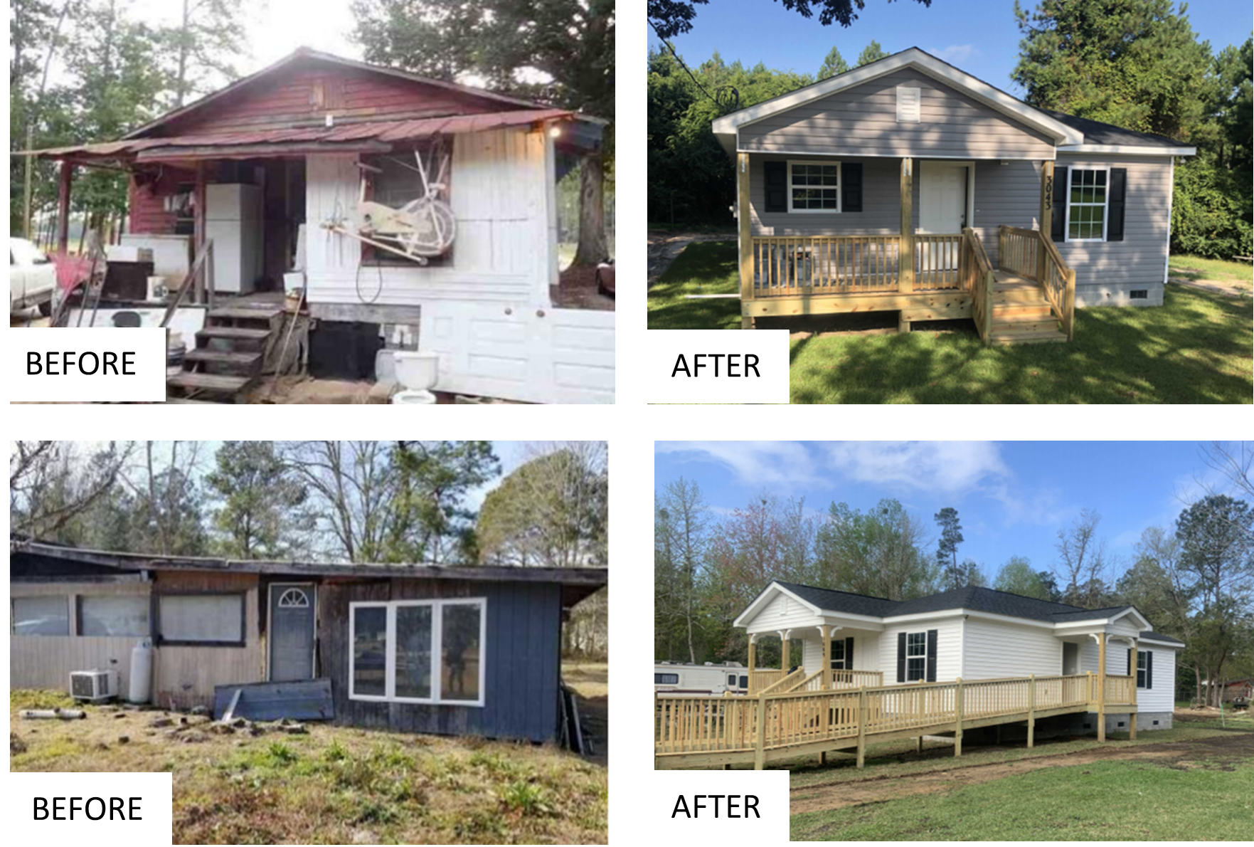 Two side-by-side examples of properties before and after repairs and/or rebuilds were completed.