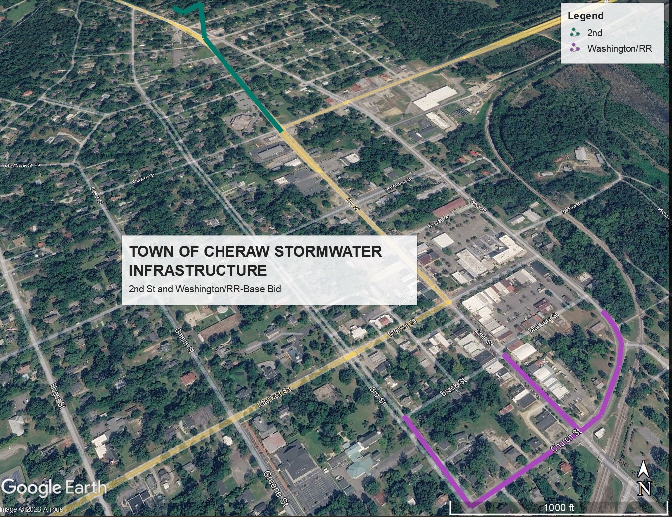 Aerial view of Cheraw with work sites described in this release outlined