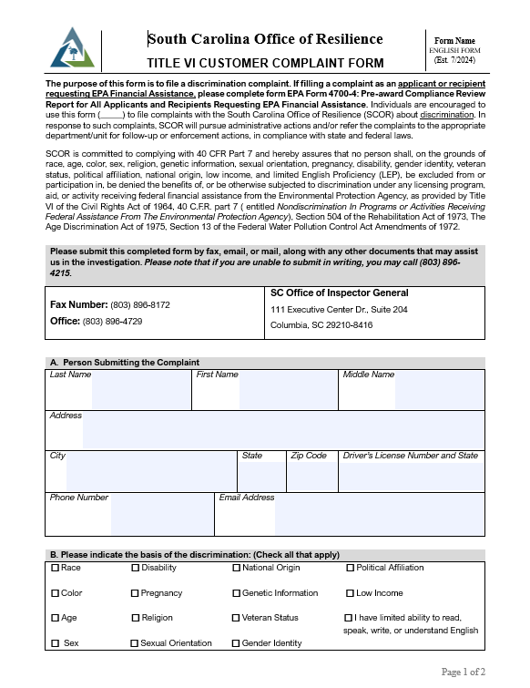 Front page of Complaint Form