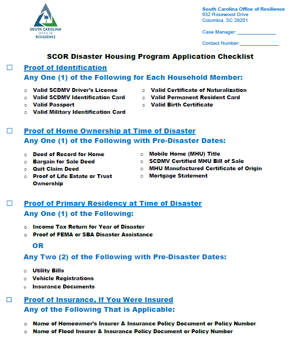 Screenshot of the first page of a pdf document outlining the SCOR Disaster Housing Program Application Checklist