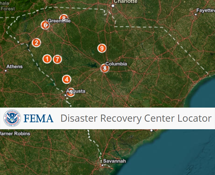 Graphic of SC map of Disaster Recovery Centers, the locations of which are accessible via the URL linked above the image.