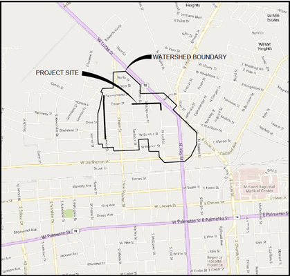map outlining the project site along Pennsylvania St in Florence, SC