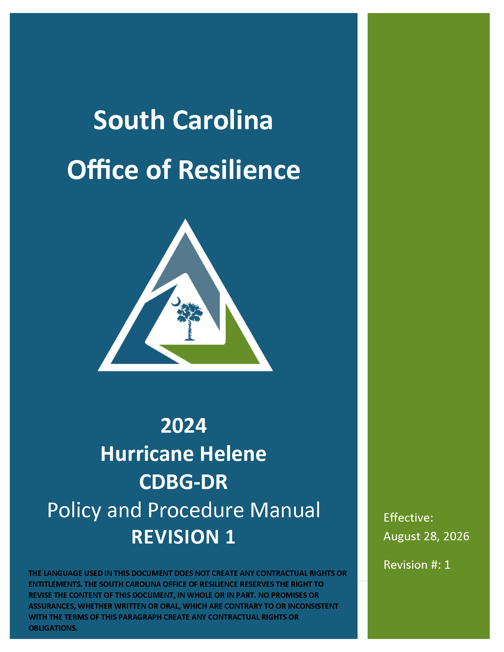 Cover of Hurricane Helene Policy and Procedure Manual. This hyperlinks to a PDF copy of the Manual.
