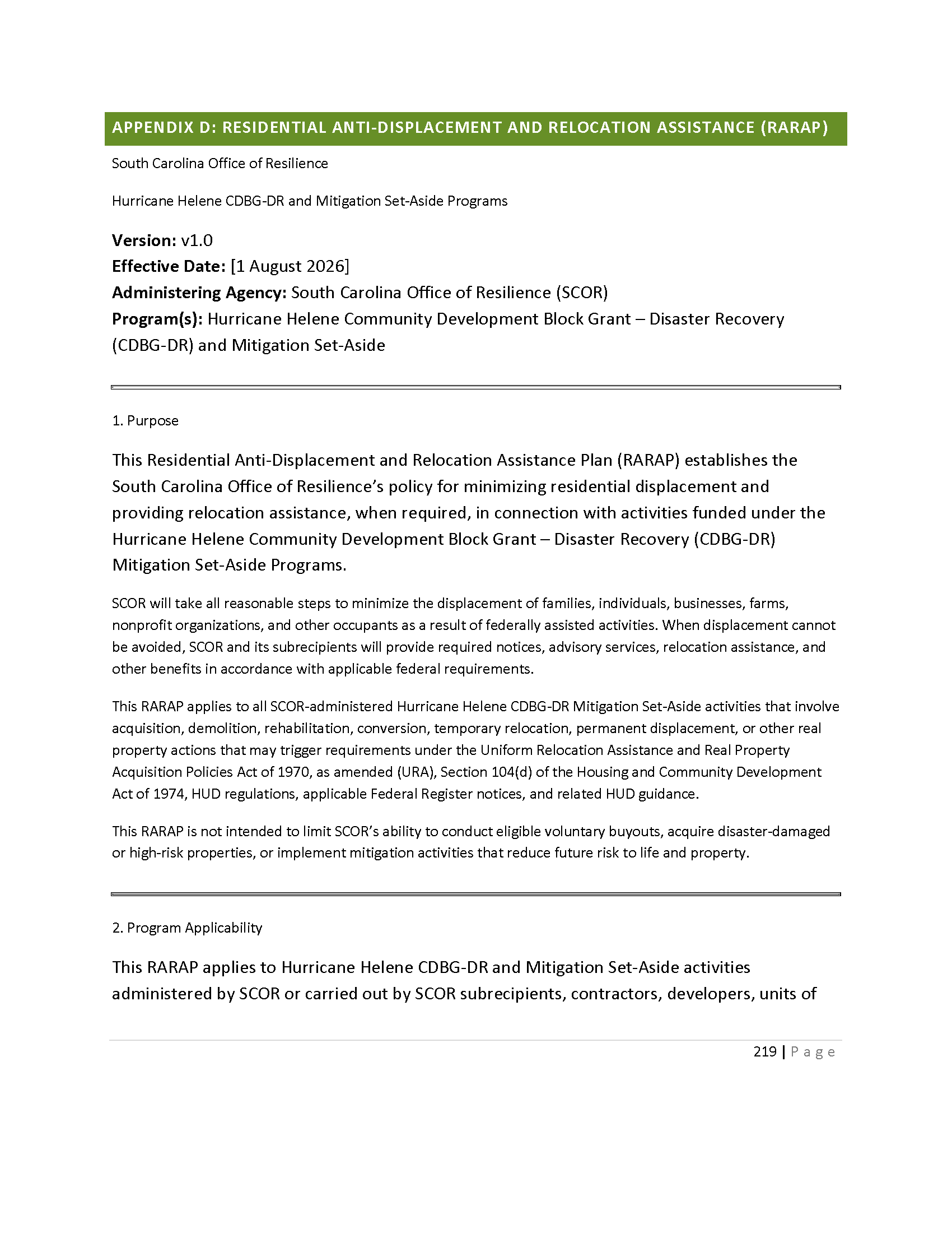 Cover of Residential Anti-Displacement and Relocation Assistance (RARAP) Policy. This hyperlinks to a PDF copy of the Manual.