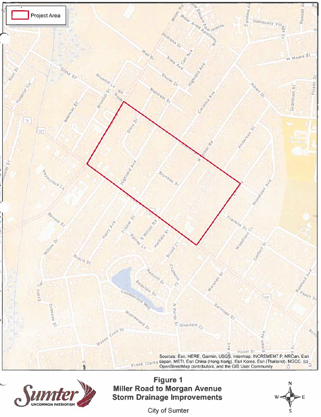 Road map of a portion of Sumter, SC with four blocks outlined in red to show the project area.