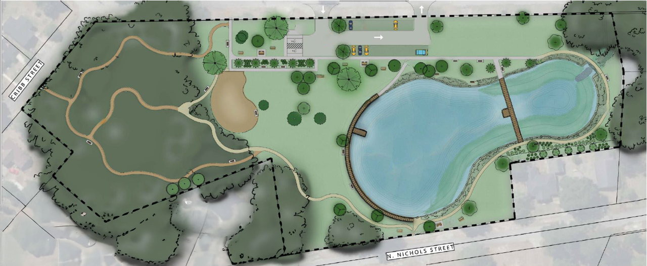 aerial rendering of the nature-based stormwater park showing a large stormwater pond on the right side and a nature area on the left side