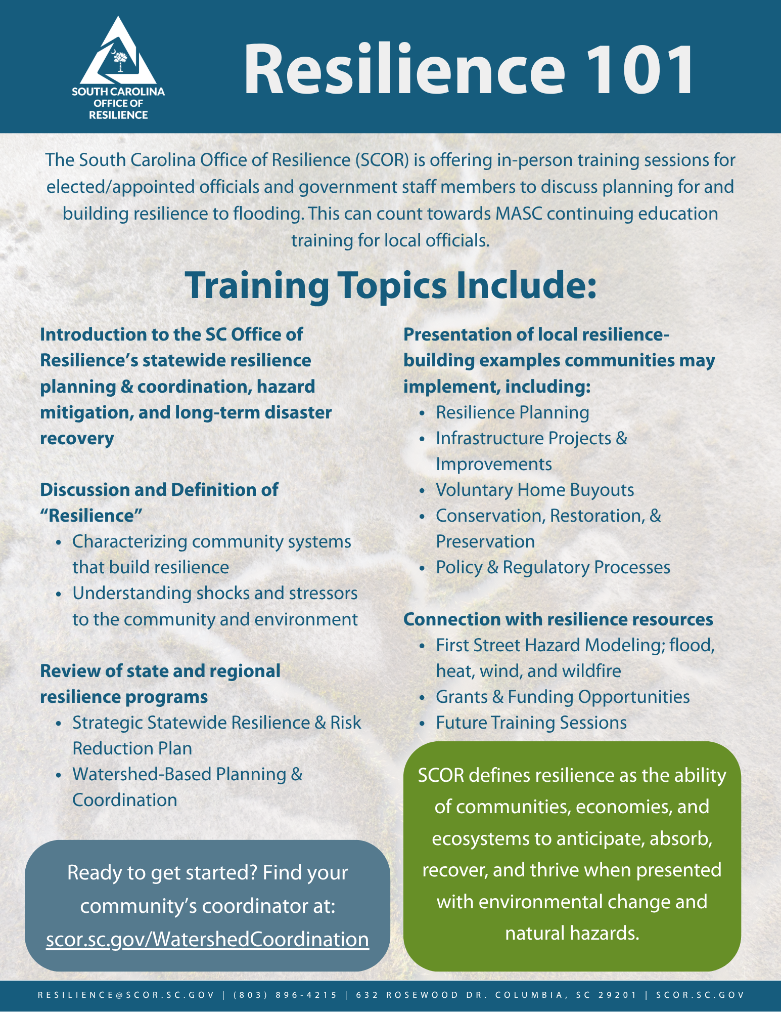 Graphic announcing Resilience 101, a 1-hour, in-person training session for elected or appointed officials and government staff members to discuss planning for and building resilience to flooding. This can count to MASC continuing education credit. Click to download a PDF flyer.