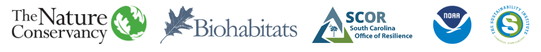 Logos for The Nature Conservancy, Biohabitats, SC Office of Resilience, National Oceanic and Atmospheric Administration, and Sustainability Institute