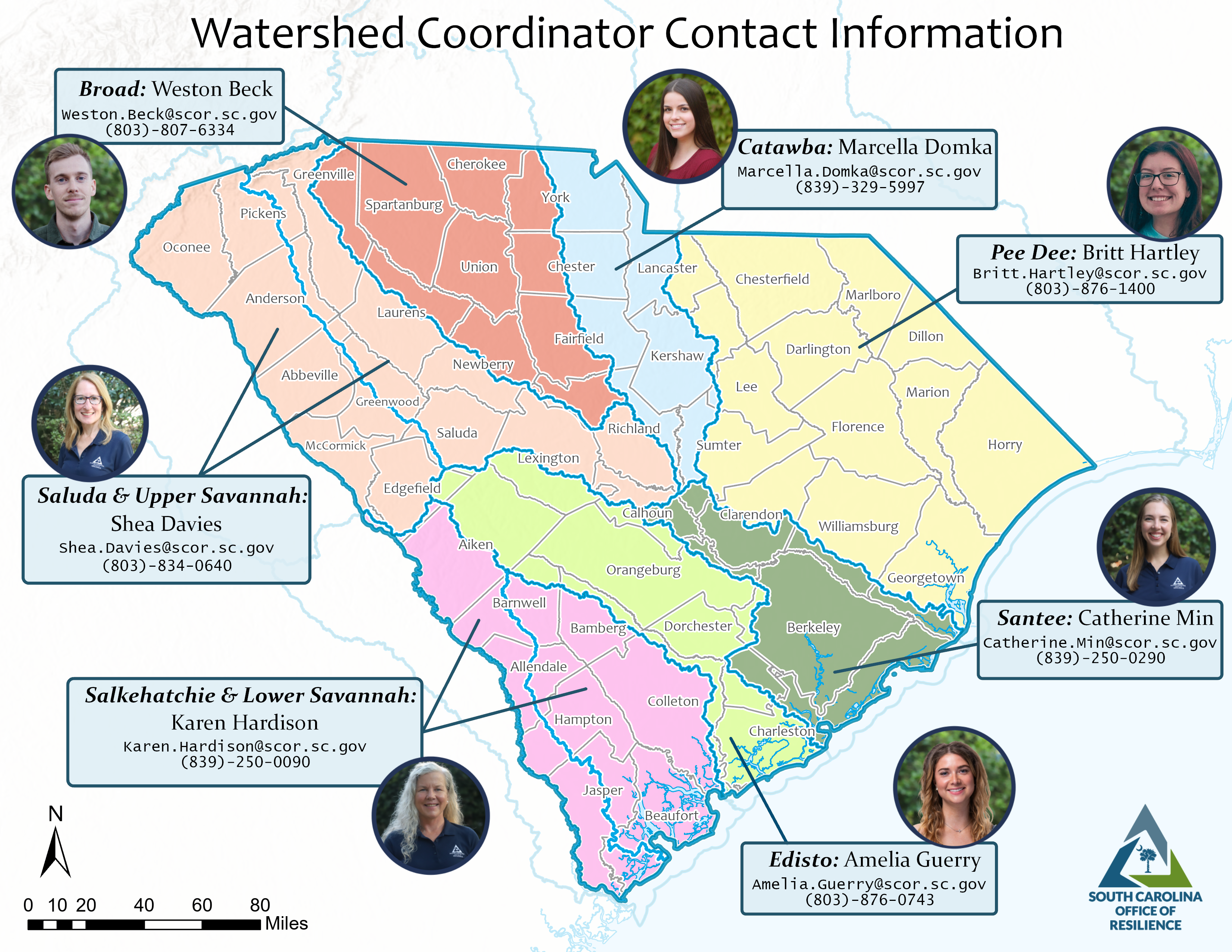 Map of South Carolina with river basin outlines. Contact information for each basin's coordinator along with a headshot is included, and also displayed in the following table.