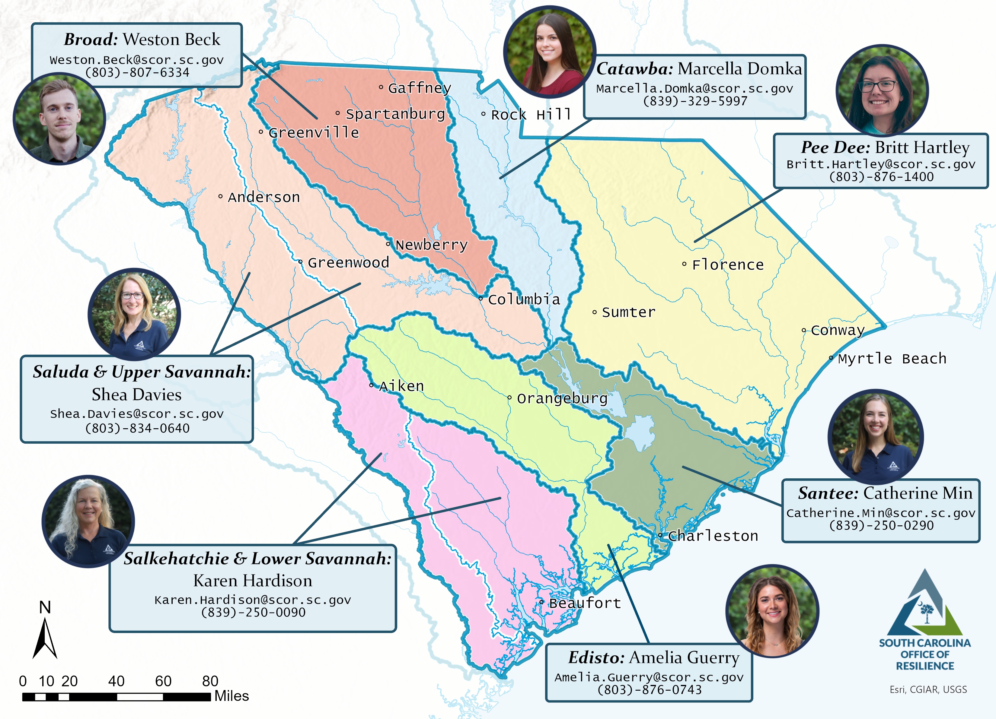 Map of South Carolina with river basin outlines. Contact information for each basin's coordinator along with a headshot is included, and also displayed in the following table.