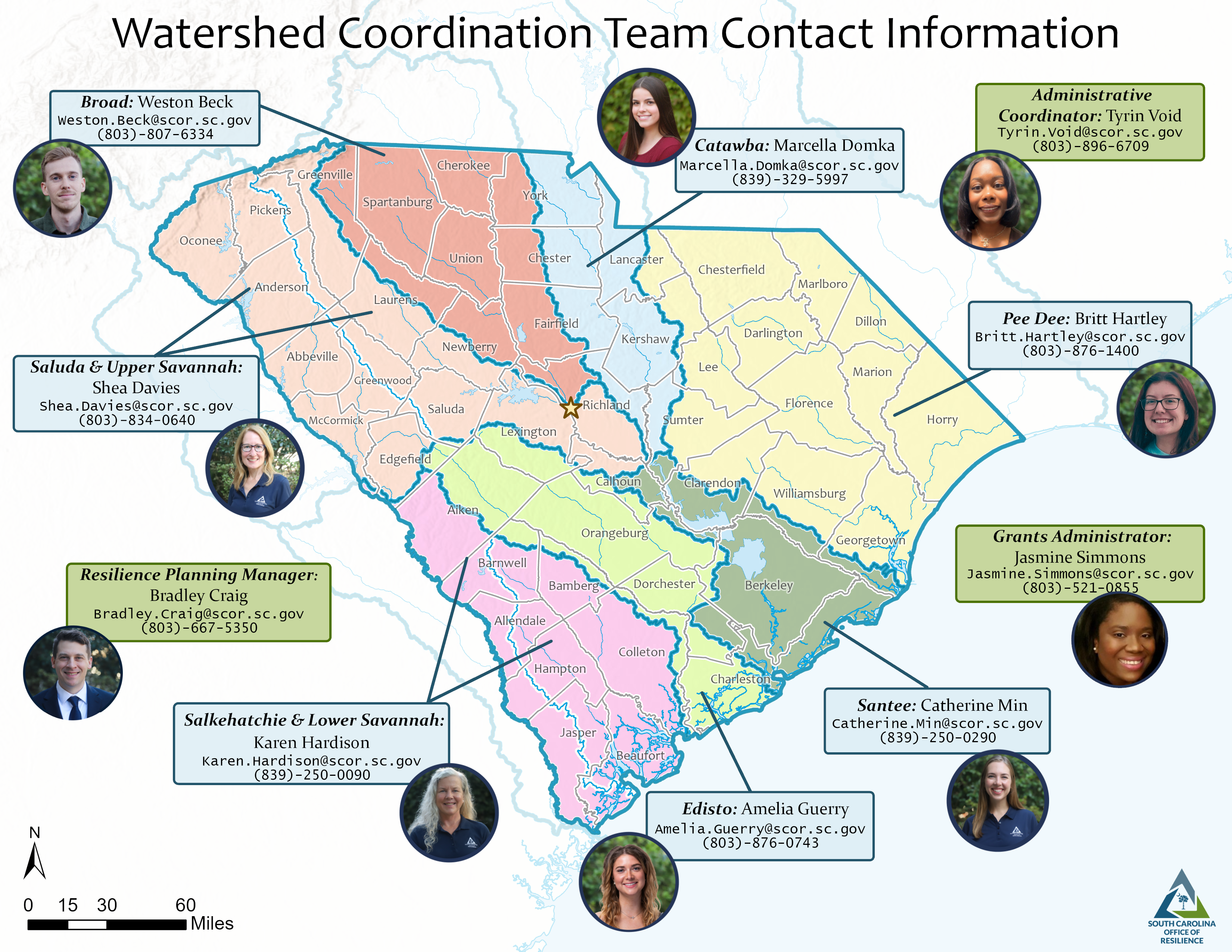 Map of South Carolina with river basin outlines. Contact information for each basin's coordinator along with a headshot is included, and also displayed in the following table.