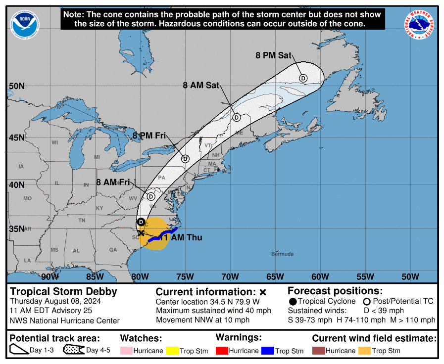 Predicted trajectory of Debby provided by NOAA/NWS