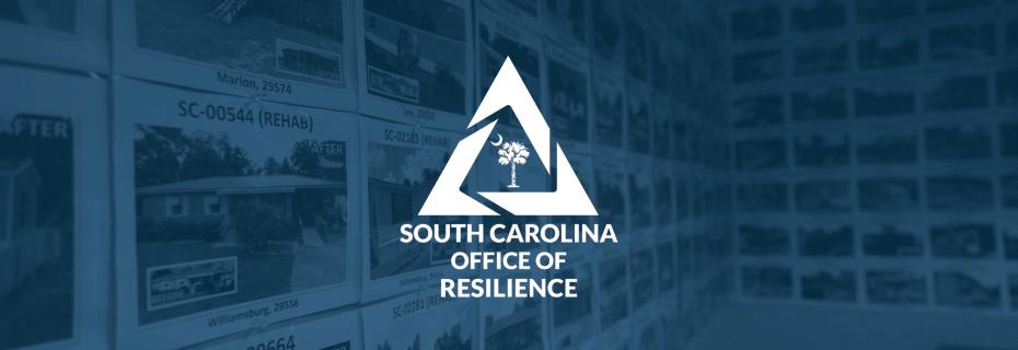 Photographs of repaired and rebuilt houses hanging on a conference room wall with the SC Office of Resilience logo overlayed